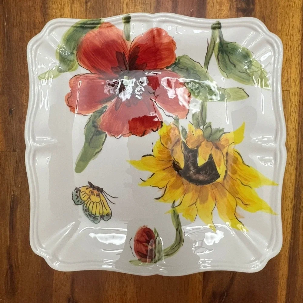 Square‎ Plate Home 9in Multicolor Very Good Floral Butterfly Scalloped